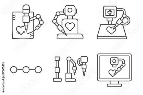 Tattoo Robot Evolution Icons. Line style icons of historical tattoo robotics evolution: early prototype sketch, first ink trace