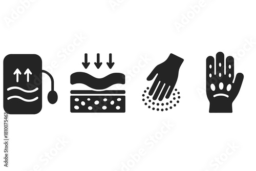 Pneumatic Massage Icons. Solid style icons of pneumatic massage therapy: air pulsation pad, rolling wave glyph, tissue massage
