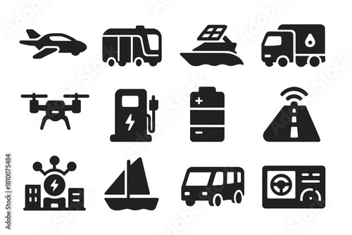 Futuristic Transport Icons. Solid style icons of futuristic transport: flying car, autonomous bus, solar yacht, hydrogen truck,