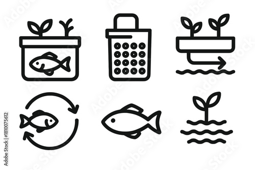 Hydroponics Icon Set. Line style icons of Hydroponics: aquaponics fish tank, biofilter icon, grow bed connection, symbiotic loop,