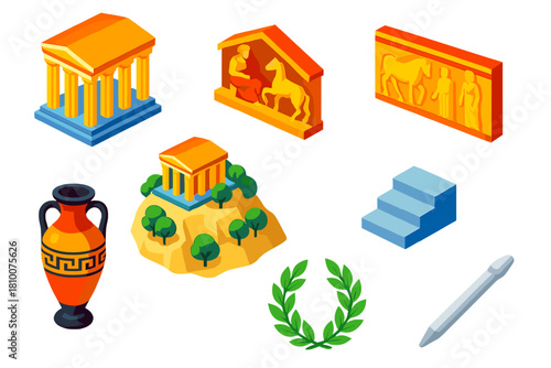 Greek Monuments Icons. Isometric vector illustration set Historical monuments – Parthenon columns, pediment sculpture, frieze