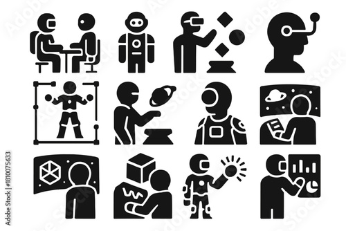 Futuristic Astronaut Training. Solid style icons of futuristic astronaut training: AI trainer, robotic assistant, VR environment,