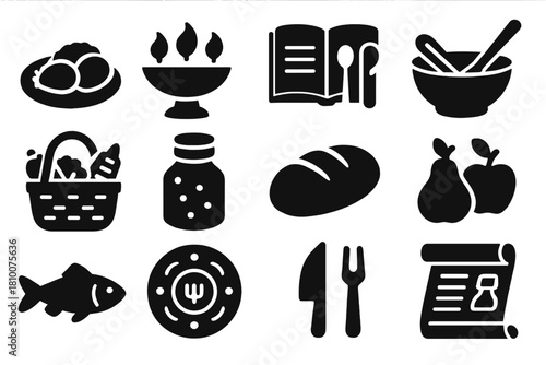 Anthropological Food Icons. Solid style icons of Anthropological Food Studies: traditional meal, ceremonial dish, historical