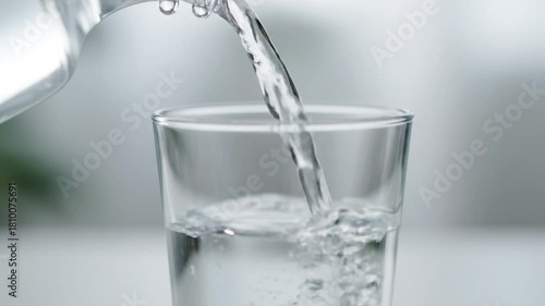 A bright, static close-up of water pouring from a clear glass pitcher into a glass. The steady stream forms bubbles and ripples as it fills, with a blurred background