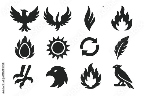 Iconic Phoenix Elements. Solid style icons of phoenix: rising phoenix, flaming wings, tail feathers, flame burst, egg, sun icon,