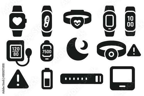 Wearable Health Devices Icons. Solid style icons of wearable health devices: smartwatch, fitness tracker, heart rate monitor, step