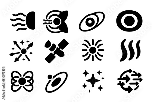 Space Environment Icons. Solid style icons of space environment: solar wind, magnetosphere, planetary orbit, radiation belt,
