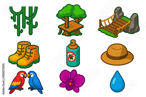 Isometric Hiking Adventure. Isometric vector illustration set Hiking trails – hanging vines, canopy platform, rope bridge;