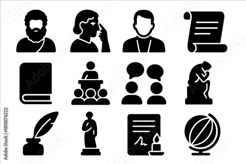 Philosopher Icons Collection. Solid style icons of Philosophical Concepts: classical philosopher, rationalist thinker, modern