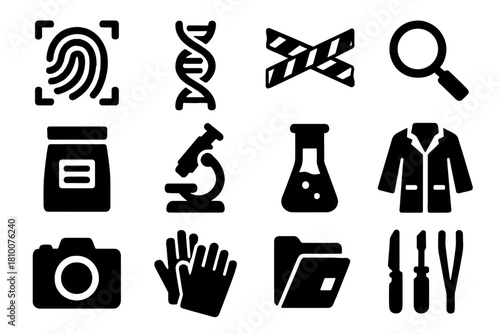 Forensic Investigation Icons. Solid style icons of Evidence Analysis: fingerprint scan, DNA sample, crime scene tape, magnifying