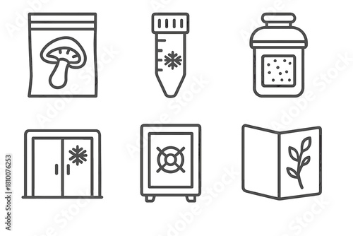 Preservation Line Icons. Line style icons of preservation and storage: dried mushroom in bag, cryogenic tube, desiccant jar, cold