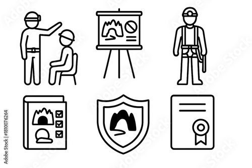 Caving Education Icons. Line style icons of caving clubs and education: training session icon, cave safety lesson board, student