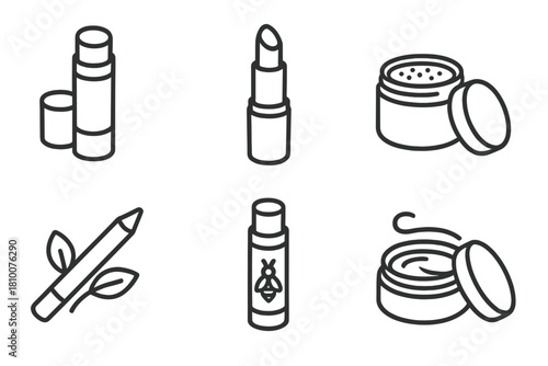 Biodegradable Lip Icons. Line style icons of biodegradable lip products: tinted lip balm in paper tube, wax-based lipstick, lip