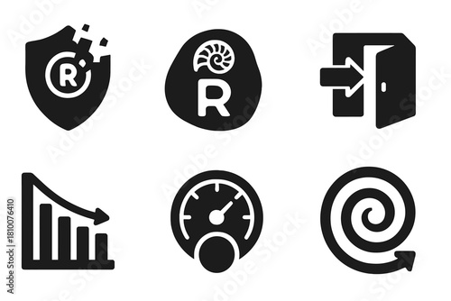Brand Extinction Icons. Solid style icons of brand extinction warning: crumbling logo icon, fossilized trademark, dying relevance