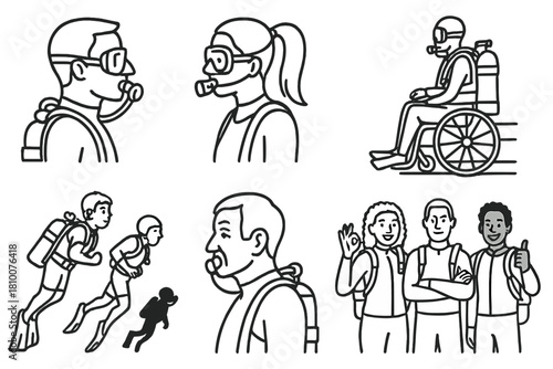 Diverse Diver Icons. Line style icons of divers from different backgrounds: male and female diver profiles, adaptive diver on