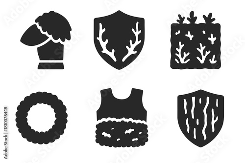 Nature-Inspired Fashion Icons. Solid style icons of lichen and mosswear: moss shoulderpad icon, lichen trim badge, forest blend