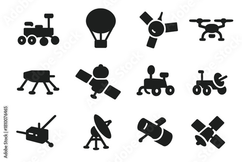 Space Exploration Icons. Solid style icons of Space Exploration Vehicles: Mars rover, Venus balloon, Jupiter probe, Saturn drone,