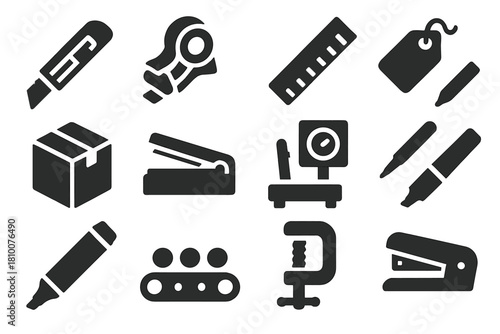 Packaging Tools Icons. Solid style icons of packaging tools: cutting knife, tape dispenser, measuring ruler, label, box, sealing