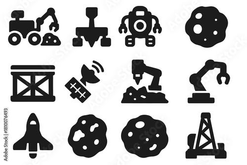 Space Mining Icons. Solid style icons of Space Extraction Systems: asteroid rover, lunar drill, mining robot, ore sample, cargo