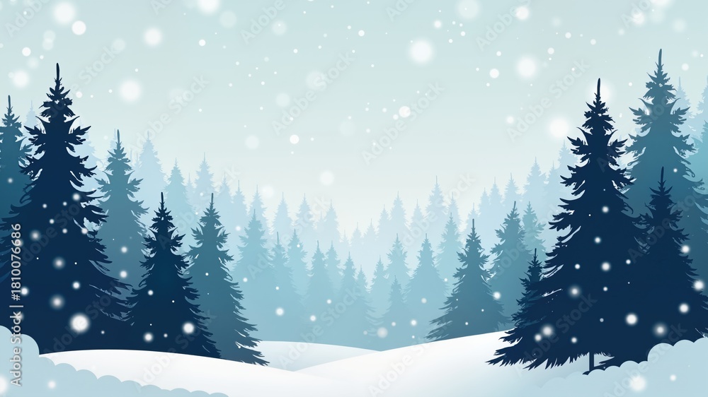 Obraz premium Silhouette Christmas evergreen trees against a winter sky scene with snow falling and snowflakes footer background