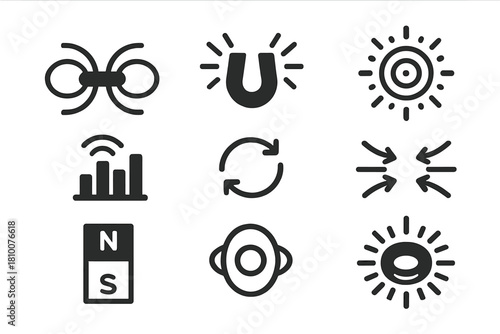 Magnetic Field Icons. Solid style icons of magnetic field visuals: curved polarity lines, magnet force icons, pulse radius. Field
