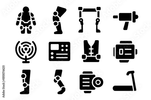 Exoskeleton Icon Set. Solid style icons of exoskeletons: wearable exosuit, joint support, mechanical frame, actuator, sensor array