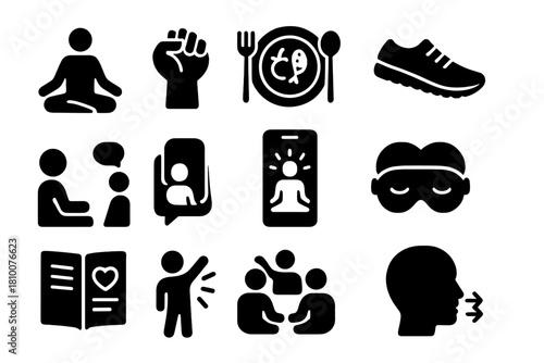 Mental Wellbeing Icons. Solid style icons of Mental Wellbeing: yoga pose, stress ball, balanced meal, running shoe, counseling