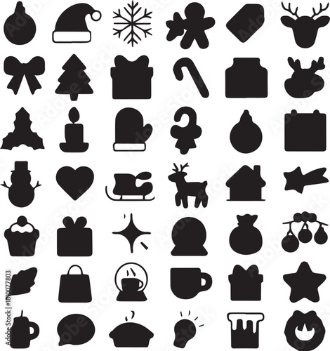 set of black vector silhouette design for christmass holiday, Christmas Silhouette Icons Vector Bundle Reindeer Snowflakes, 42 icon vector design for event, holiday elements, vector illustration. 