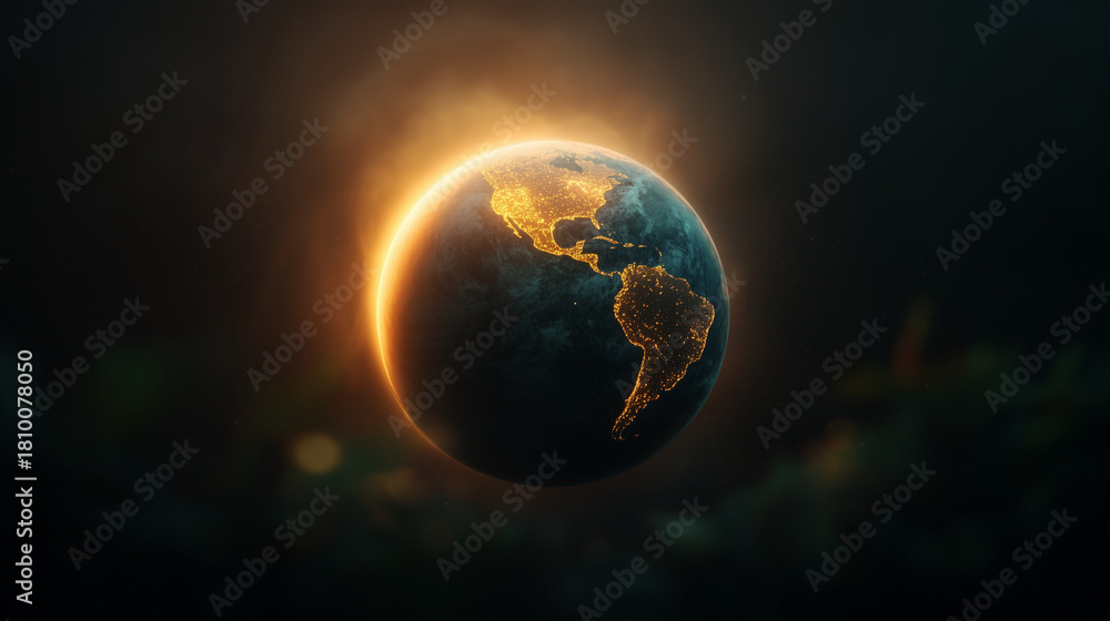 Fototapeta premium Planet Earth illuminated during sunrise against a dark background - Concept of International Earth Day 