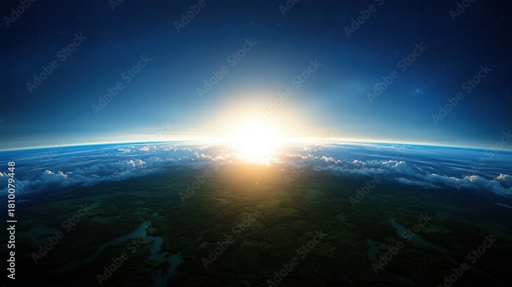 Fototapeta premium Blue Sphere Rising Over Horizon Witnessing Earth's Majestic Morning Sunrise in the Outer Space