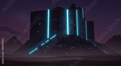 Monumental futuristic structure glows with intense cyan illumination against a dark starry twilight landscape