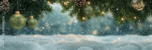 Magical Christmas scene with green ornaments and falling snow creates a festive holiday mood for happy family celebrations this winter season