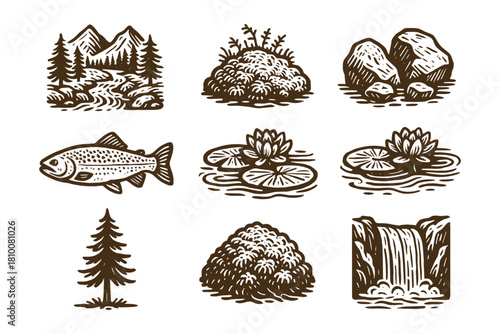 Vintage nature elements: mountains, trees, fish, rocks, waterfall, water lilies, bushes