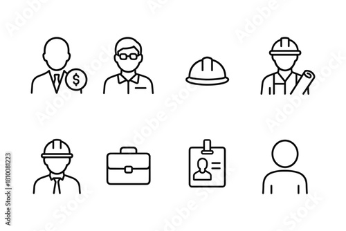 Minimalist line art icons of business professionals and construction workers