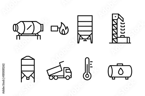 Construction and industrial equipment icons in linear style