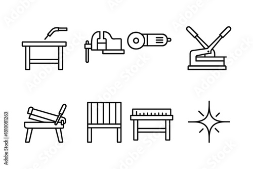 Linear icons of metalworking tools and equipment