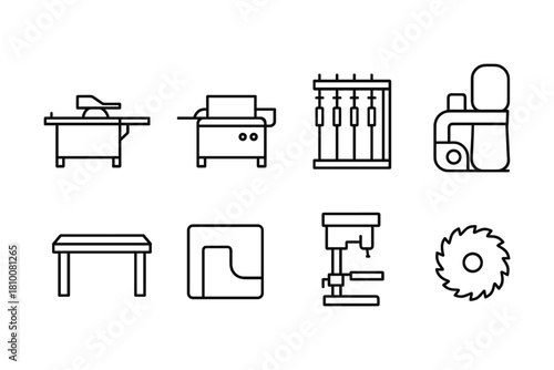 Minimalist line art collection of carpentry and woodworking tools icons