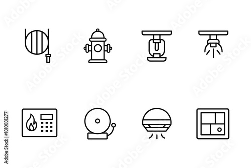 Minimalist fire safety icons set with fire extinguisher and alarm illustrations
