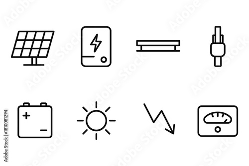 Clean energy icons: solar power, battery, and renewable energy symbols in minimalist style