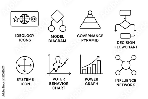 Business process and strategy icons set featuring diagrams and charts in linear style
