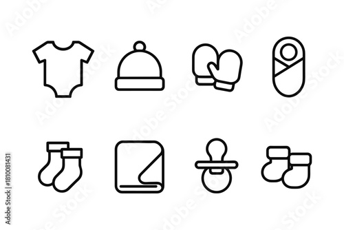 Essential baby icons set in linear style for newborn care and accessories