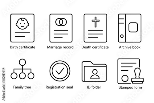 Essential documents: birth, marriage, and death certificates in simple line icons