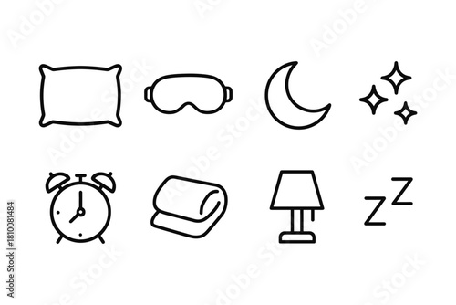 Minimalist sleep icons set: pillow, eye mask, moon, stars, alarm clock