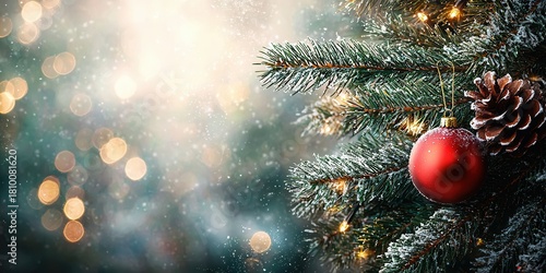 Red Orb Hanging on a Frosted Christmas Tree With Bokeh Lights and Snowfall in Winter at Nighttime
