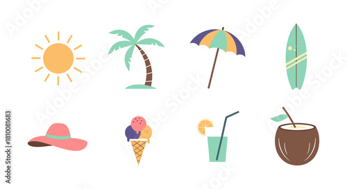 Summer icons: sun, palm tree, beach umbrella, surfboard, hat, ice cream, cocktail, coconut