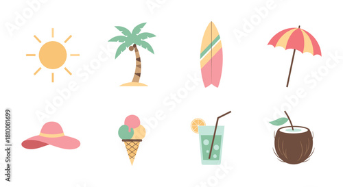 Summer icons: beach essentials in minimalist flat design for travel and vacation themes