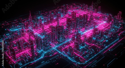 Digital cityscape representation glows with interconnected neon circuitry lines