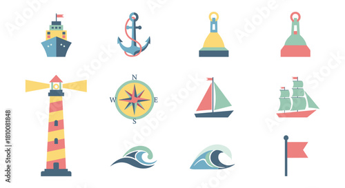 Flat nautical icons set with lighthouse, ships, and compass elements