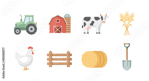 Colorful farm life icons featuring barn, tractor, and livestock elements