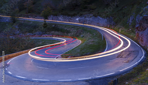 Estella-Olazagutía road. Car lights on the Urbasa mountain pass, Navarre.